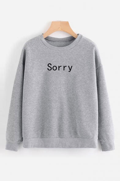 Girl's Leisure Letter SORRY I AM NOT Printed Long Sleeve Crewneck Gray Sweatshirt