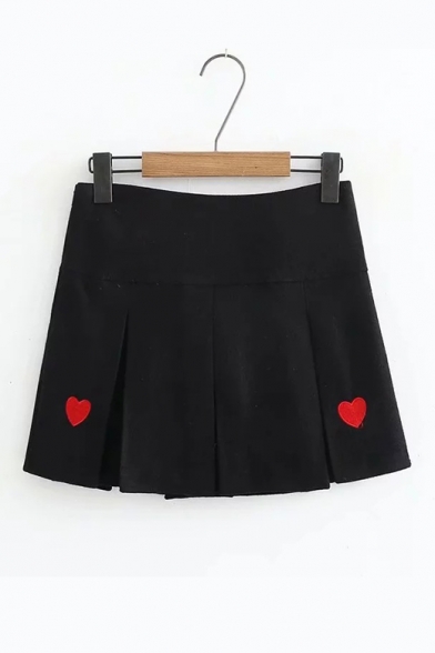 Girls' Lovely Red Heart Embroidered Mini A-Line Pleated Skirt