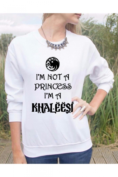 

Letter I' NOT A PRINCESS I' A KHALEES Printed Long Sleeve Round Neck Cotton Sweatshirt, Black;white;gray, LC493894