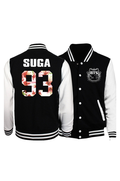 Men's Letter Printed Rib Cuff Long Sleeve Stand Collar Button Front Baseball Jacket