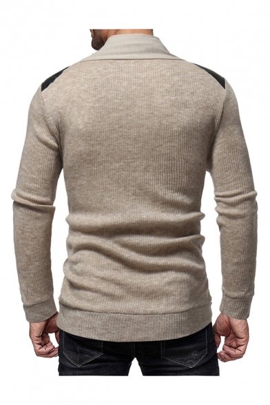 Men's New Stylish Buckle Neck PU Patched Shoulder Long Sleeve Fitted Sweater
