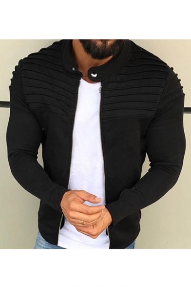 Men's Stand Collar Long Sleeve Simple Solid Zip Up Jacket