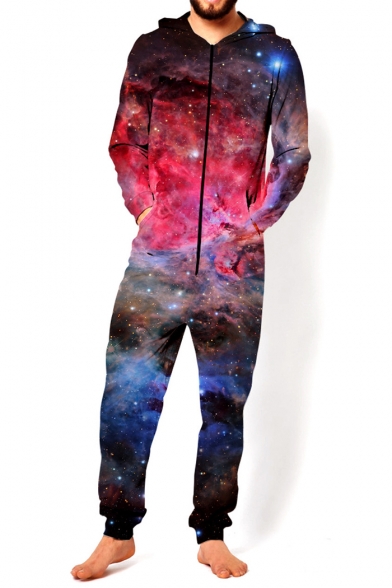 New Arrival 3D Red Galaxy Pattern Long Sleeve Hooded Unisex Loose Jumpsuits