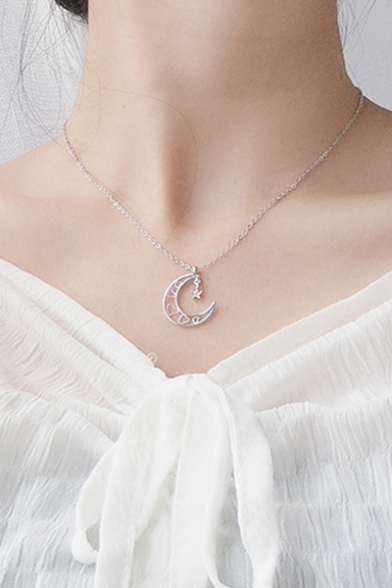 New Stylish Basic Simple Heart Moon Shaped Solid Silver Necklace