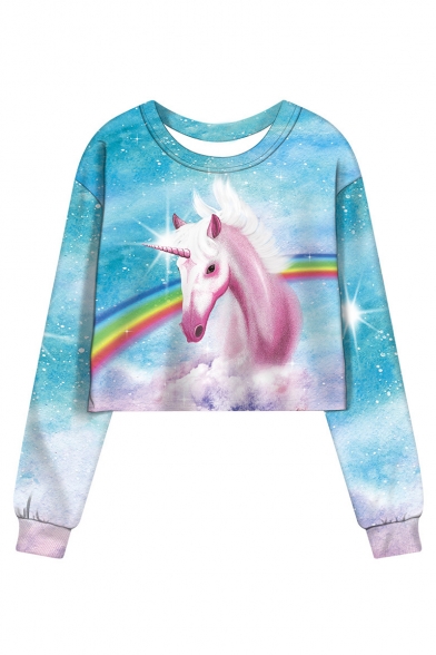 Rainbow Unicorn Pattern Long Sleeve Round Neck Blue Sweatshirt