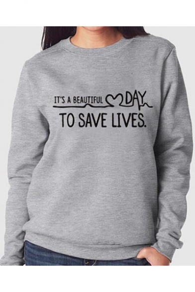 Simple Long Sleeve Round Neck Letter TO SAVE LIVES Printed Gray Leisure Sweatshirt
