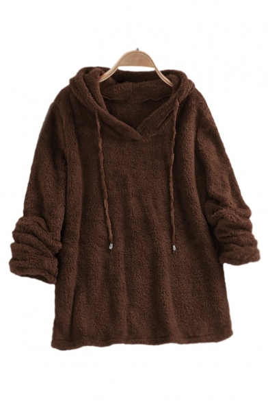 Winter's Basic Solid Long Sleeve V-Neck Loose Fitted Warm Shearling Hoodie for Women