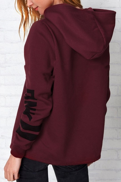 Winter's Fashion Letter PINK Printed Long Sleeve Oversized Burgundy Hoodie