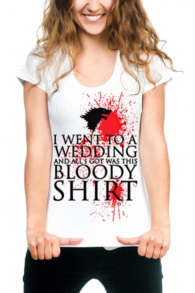 Women's Fashion Letter Blood Printed Round Neck Short Sleeve White T-Shirt