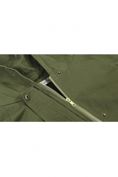 Autumn New Fashion Long Sleeve Drawstring Waist Hooded Zip Up Army Green Trench Coat