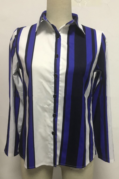 Chic Colorblock Stripes Printed Long Sleeve Lapel Shirt for Women
