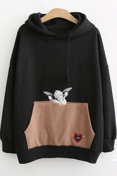 Chic Embroidered Pocket Patched Long Sleeve Warm Hoodie for Women