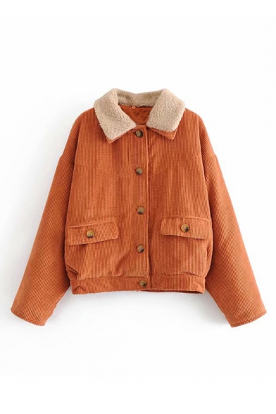Classic Lapel Collar Long Sleeve Button Front Coffee Corduroy Coat for Juniors