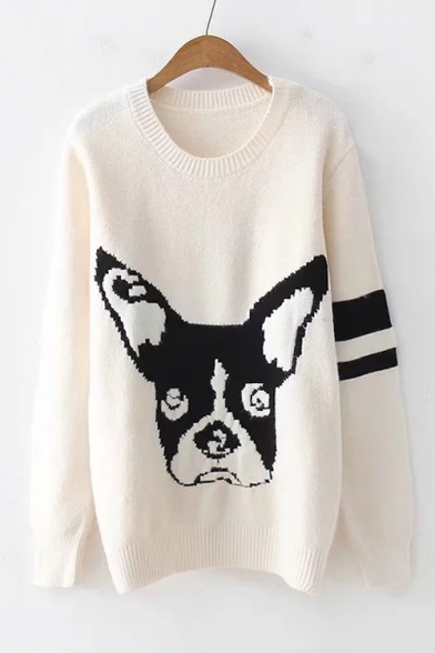 Colorblock Lovely Cartoon Dog Printed Long Sleeve Round Neck Beige Sweater