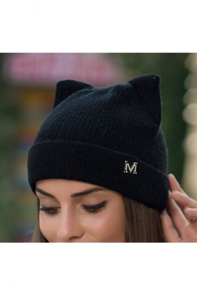 Cute Cat Shaped M Letter Patched Knit Beanie for Women