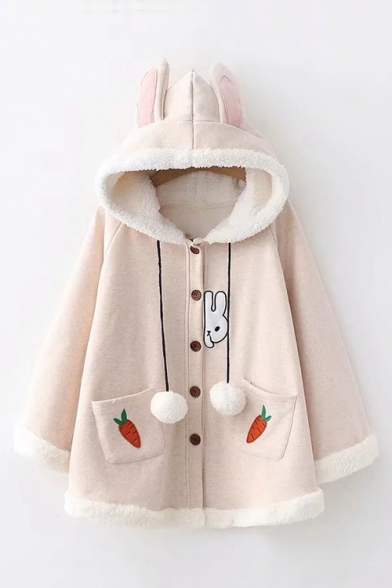 Cute Rabbit Carrot Embroidered Long Sleeve Ear Hooded Button Down Cape Coat