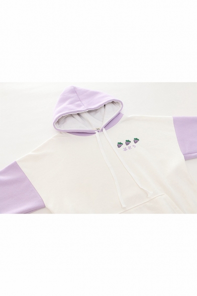 Cute Strawberry Embroidered Long Sleeve Colorblock Hoodie for Juniors