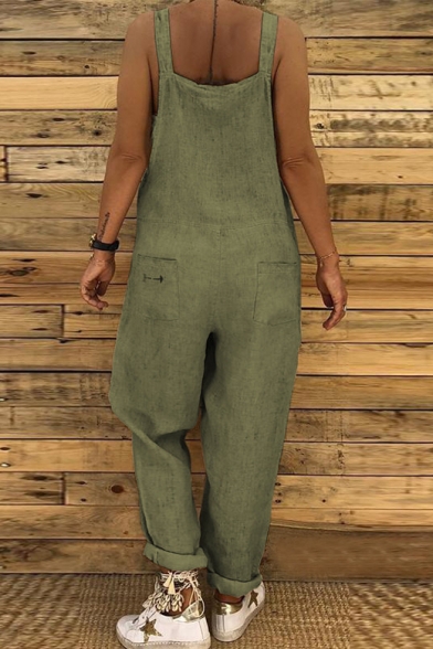 Fashion Casual Leisure Loose Fitted Solid Linen Overall Jumpsuits