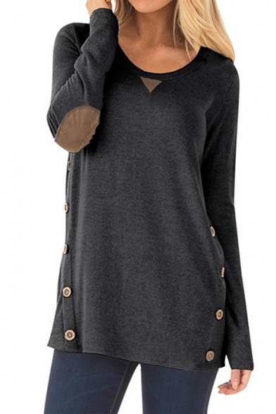 Fashion Patched Embellished Long Sleeve Round Neck Button Side Loose T-Shirt