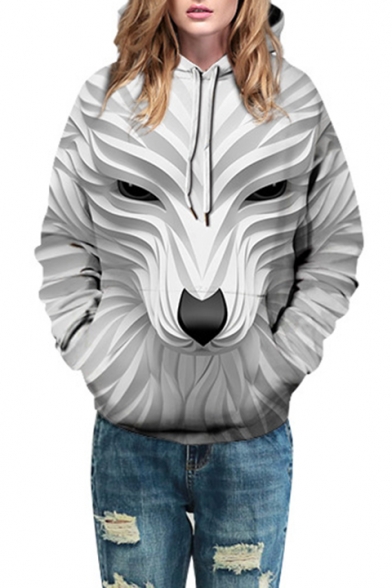 Fashionable Digital 3D Animal Printed Long Sleeve Unisex White Loose Hoodie