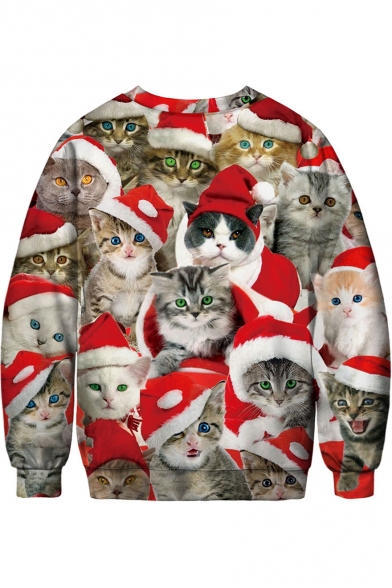 Hot Fashion 3D Red Christmas Cat Pattern Long Sleeve Round Neck Sweatshirt