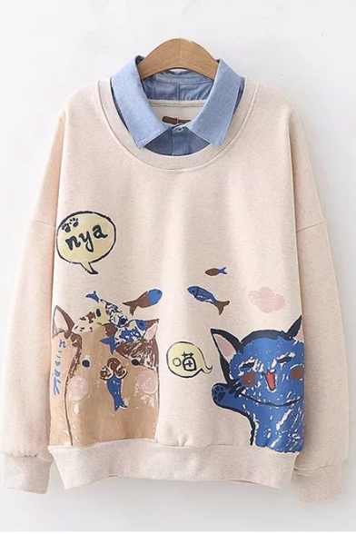 Lapel Collar Patched Long Sleeve Cute Cartoon Cat Printed Regular Fitted Sweatshirt