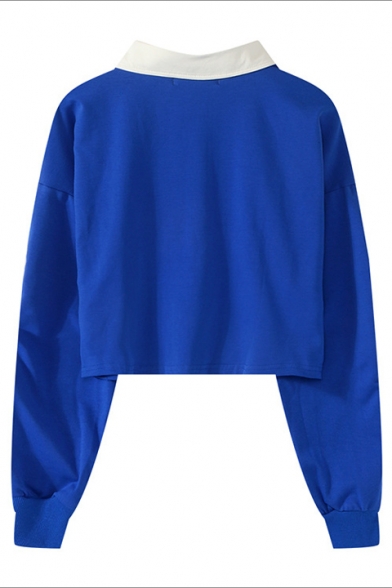 Letter HAVE A GREAT INFLUENCE Printed Polo Collar Long Sleeve Cropped Sweatshirt