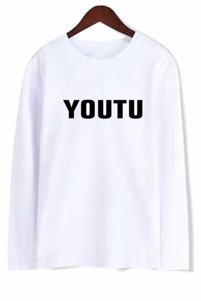 Letter YOUTU Printed Long Sleeve Round Neck Loose Tee for Couple