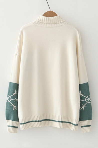 Lovely Printed Fashion Two-Tone Colorblock Long Sleeve Turtleneck Sweater