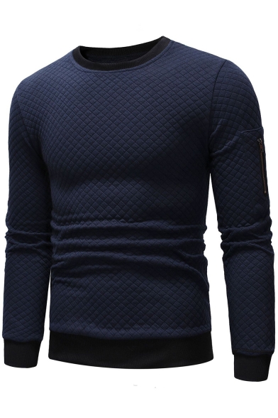Men's New Fashion Jacquard Plaid Long Sleeve Crewneck Contrast Hem Fitted Sweatshirt