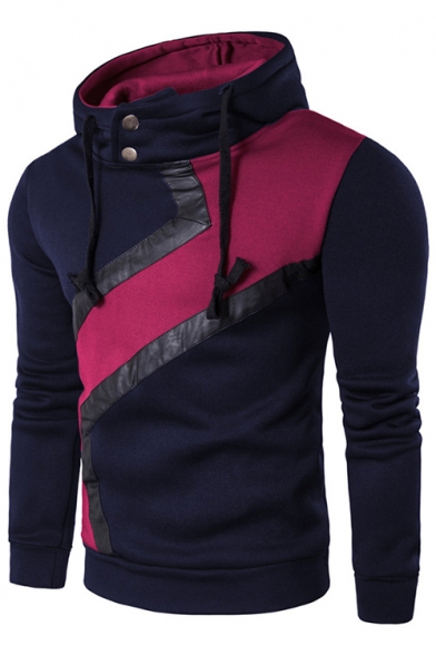 New Arrival Stylish Color Block PU Patched High Neck Long Sleeve Slim Hoodie