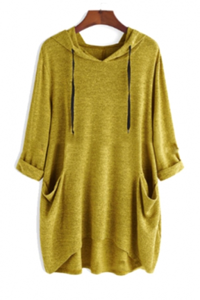 New Stylish Half-Sleeved Hooded High Low Hem Solid Tunic Relaxed T-Shirt with Pockets