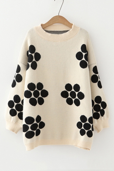Round Neck Long Sleeve Polka Dot Printed Loose Fitted Knit Sweater
