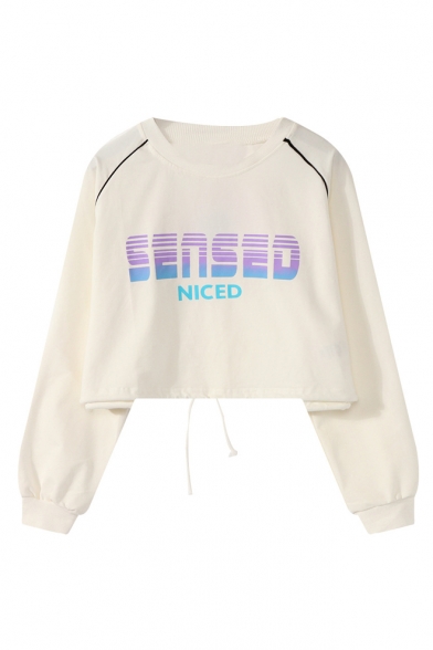 SENSED NICED Letter Print Round Neck Long Sleeve Loose Casual Cropped Sweatshirt