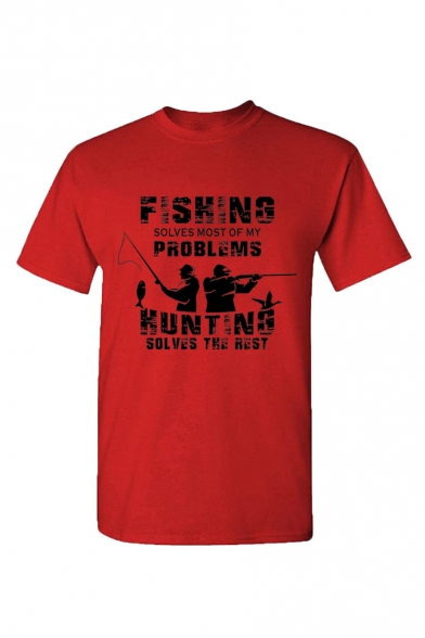 Simple Letter FISHING HUNTING Figure Printed Short Sleeve Round Neck T-Shirt for Men