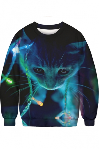 Stylish 3D Blue Christmas Cat Pattern Round Neck Long Sleeve Pullover Sweatshirt