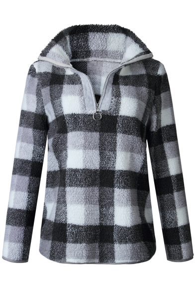 Stylish Check Printed Long Sleeve Stand Collar Zip Up Fleece Sweatshirt