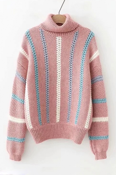 Stylish Colorful Stripes Printed Long Sleeve Turtleneck Casual Sweater