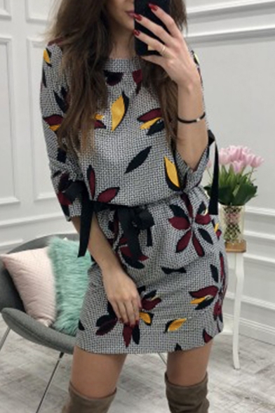 Trendy Floral Printed Bow Tied Cuff Gathered Waist Mini Sheath Dress for Women