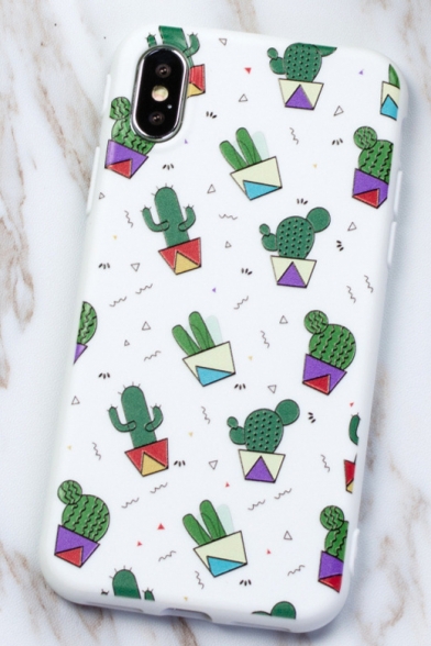 Trendy Green Cactus Printed White Mobile Phone Case for iPhone