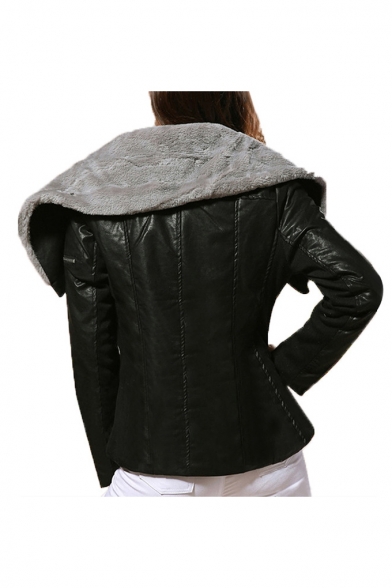 Unique Fold Collar Sloping Zip Up Black PU Biker Jacket for Women