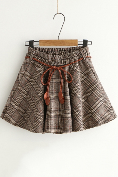 Vintage Khaki Check Pattern Elastic Waist Tied Waist Mini A-Line Skirt