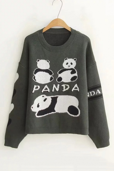 Winter's Cartoon Panda Printed Long Sleeve Round Neck Loose Fitted Sweater