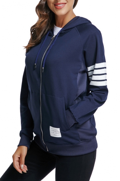Women's Casual Sports Classic Striped Long Sleeve Zip Up Loose Hoodie
