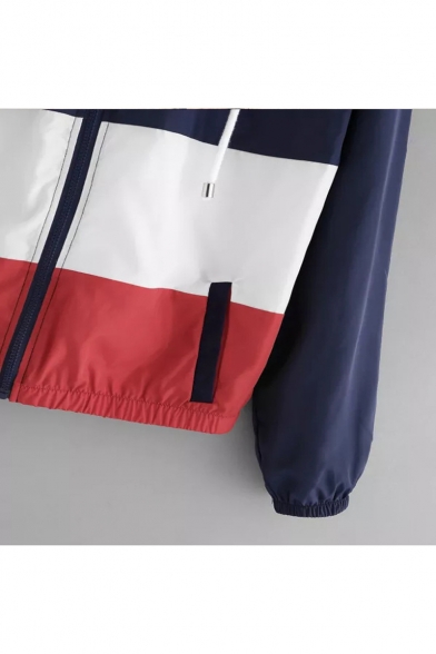 Autumn's New Trendy Long Sleeve Colorblock Zip Closure Navy Hooded Jacket