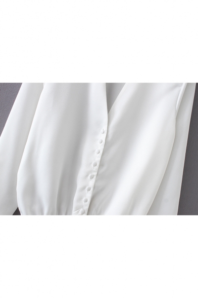 Button Front V Neck Long Sleeve Plain Stylish Loose Bodysuit