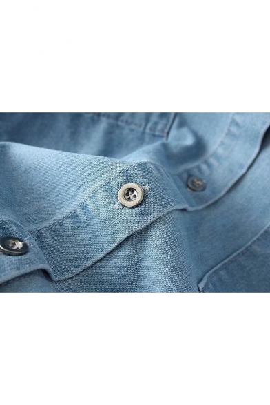 Cartoon Embroidered Lapel Collar Long Sleeve Button Down Denim Shirt with Chest Pockets