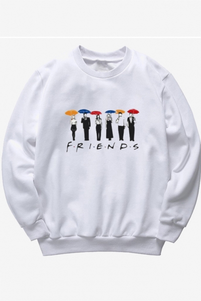 Casual Letter FRIENDS Character Printed Long Sleeve Round Neck Unisex White Sweatshirt