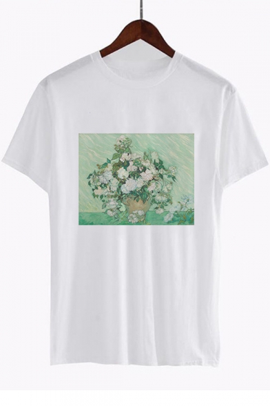 Chic Floral Oil Painting Print Round Neck Short Sleeve White Casual T-Shirt