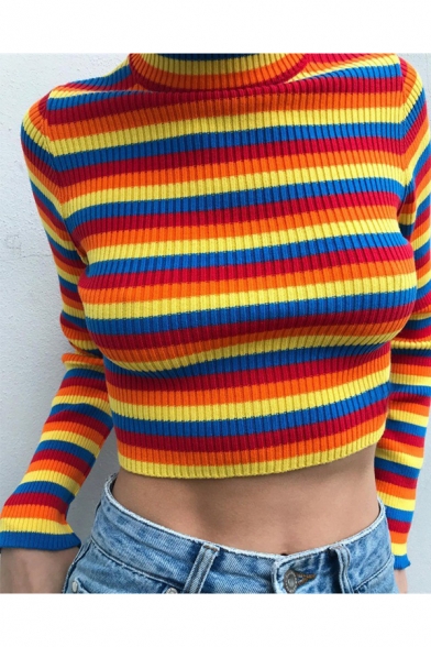 Chic Mock Neck Long Sleeve Colorful Striped Printed Cropped Slim Sweater
